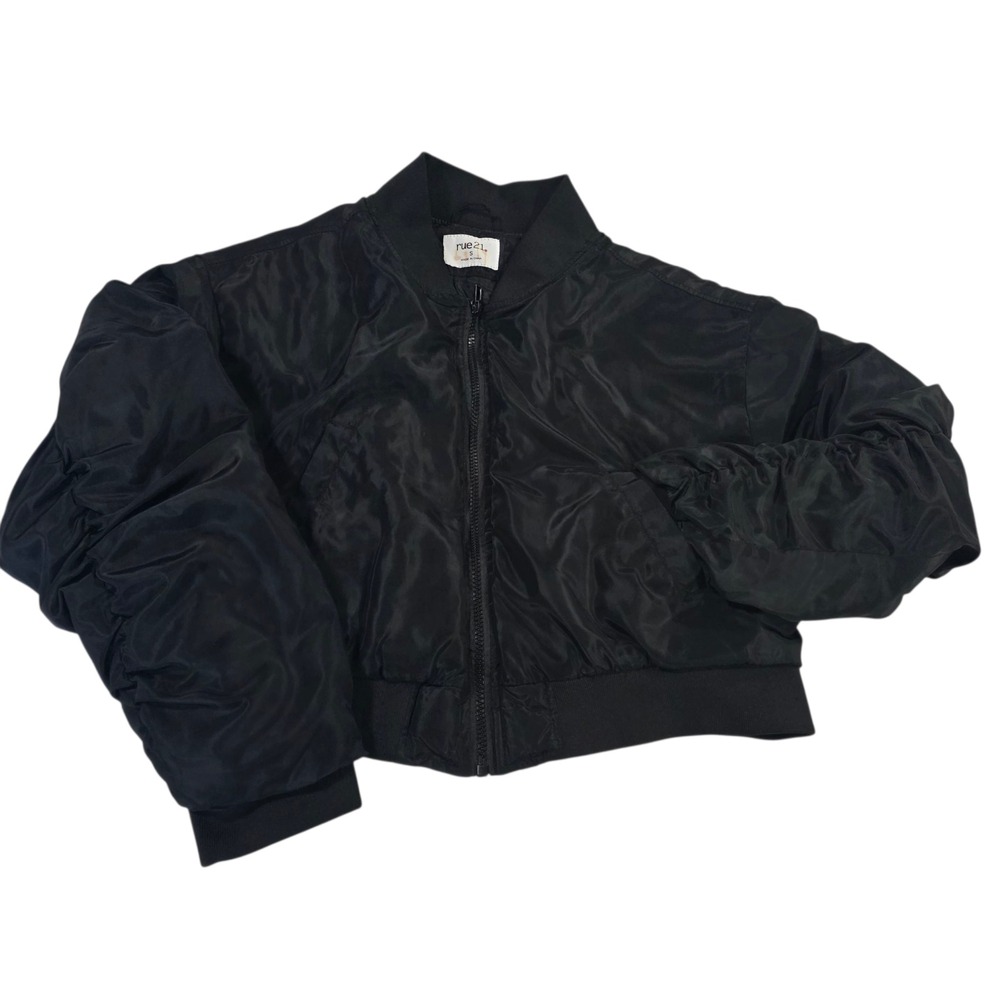 Rue‎ 21 Bomber Jacket Womens Black S Solid Nylon Cropped Pockets Lined Grunge